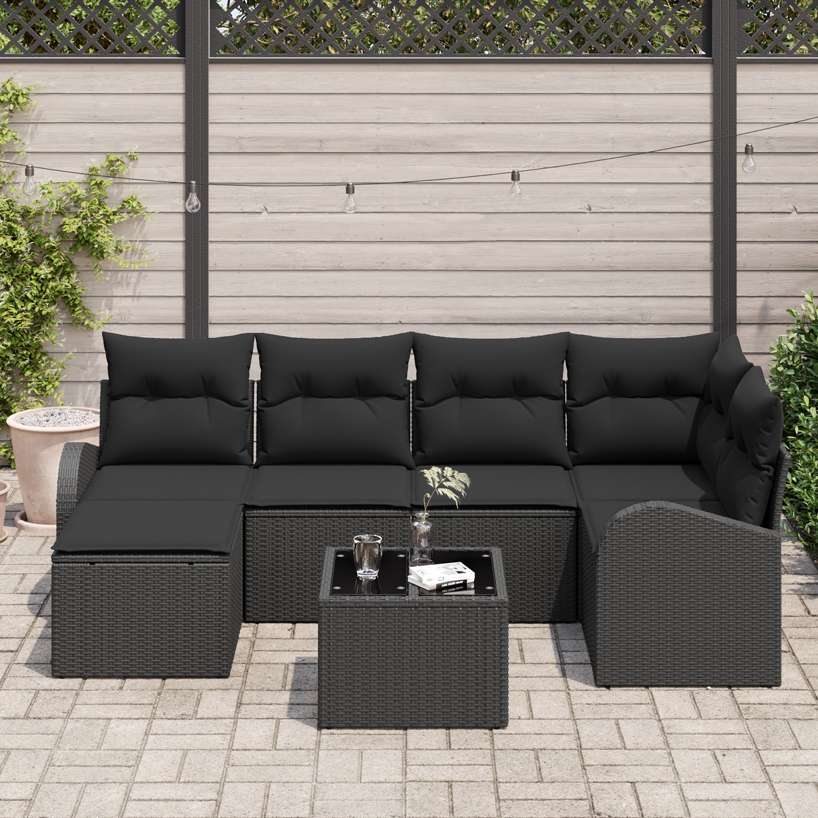 3354792 3 Set de canapele pentru grădină cu pernă 7 pcs Negru Rattan poli Set de canapele pentru grădină cu pernă 7 pcs Negru Rattan poli - imagine 3