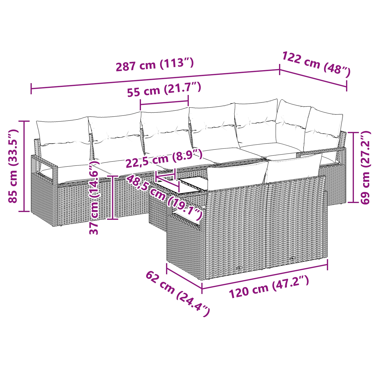 3355112 13 Set de canapele pentru grădină cu pernă 9 pcs Negru Set de canapele pentru grădină cu pernă 9 pcs Negru - imagine 13