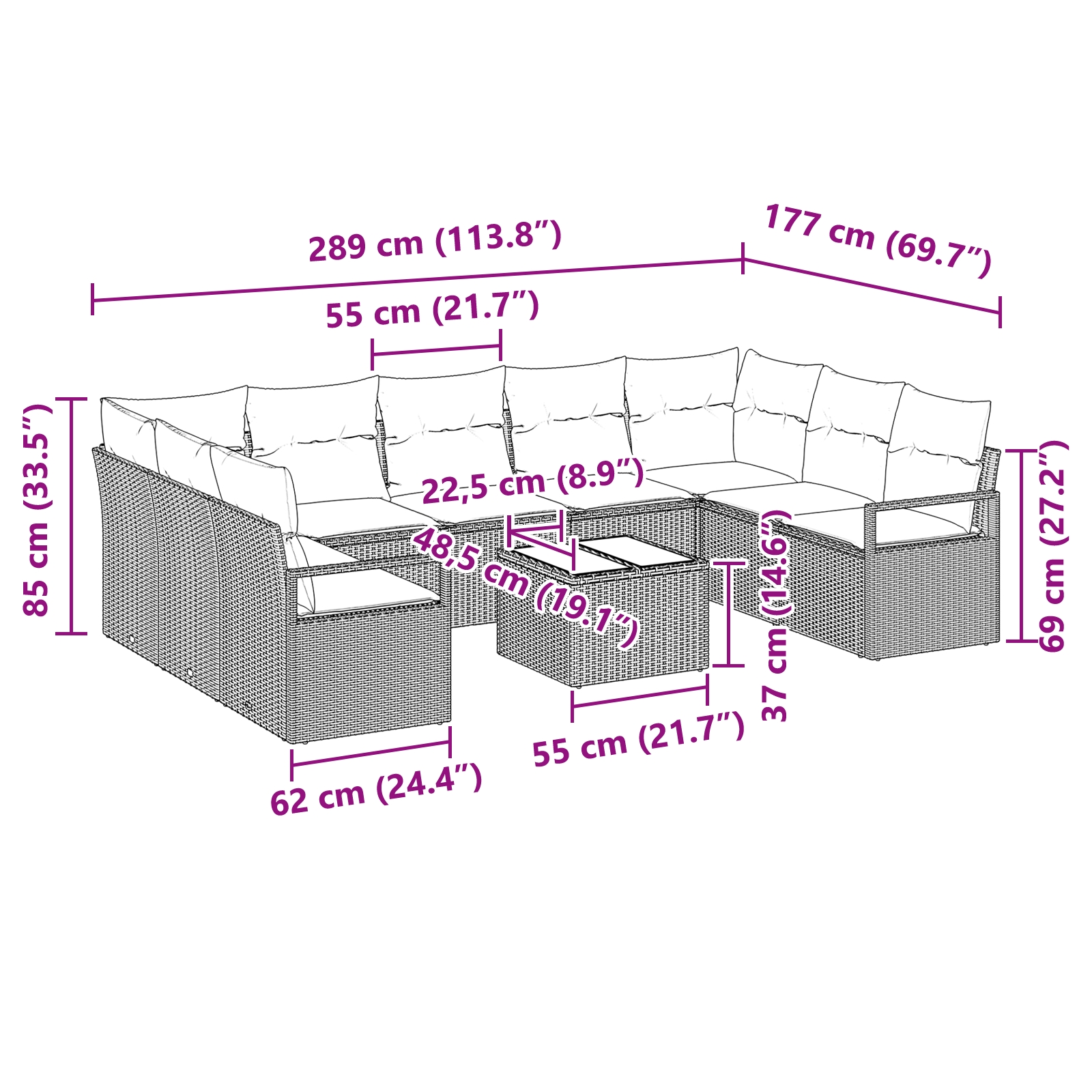 3355221 13 Set de canapele pentru grădină cu pernă 10 pcs Gri deschis Set de canapele pentru grădină cu pernă 10 pcs Gri deschis - imagine 13