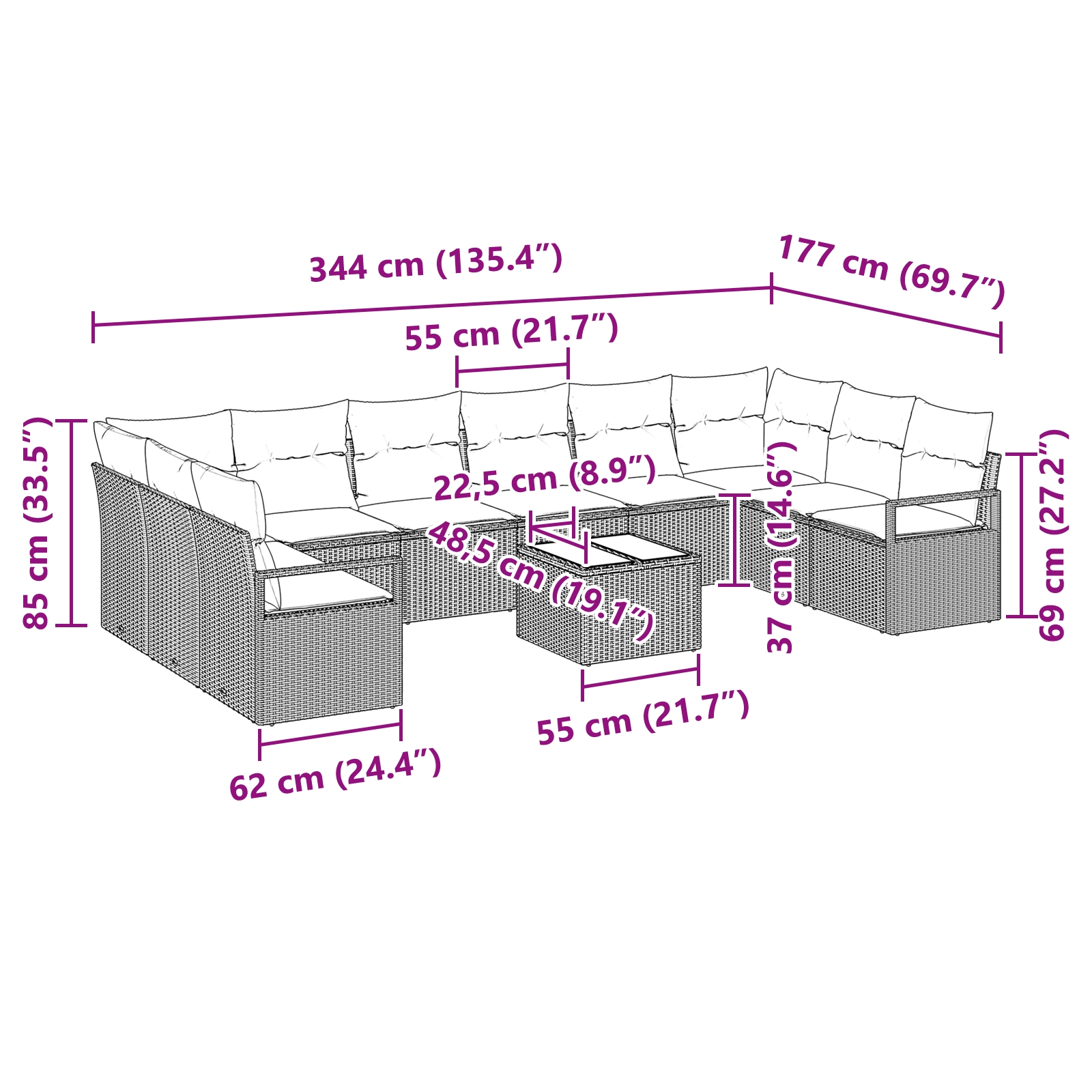 3355237 13 Set de canapele pentru grădină cu pernă 11 pcs Maro și Crem Set de canapele pentru grădină cu pernă 11 pcs Maro și Crem - imagine 13