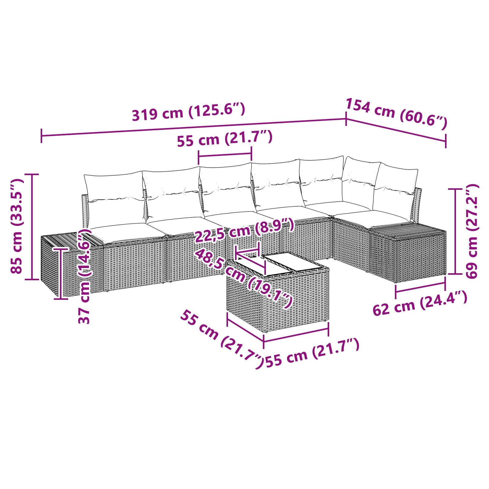 3355762 13 Set de canapele pentru grădină cu pernă 7 pcs Negru Set de canapele pentru grădină cu pernă 7 pcs Negru - imagine 13