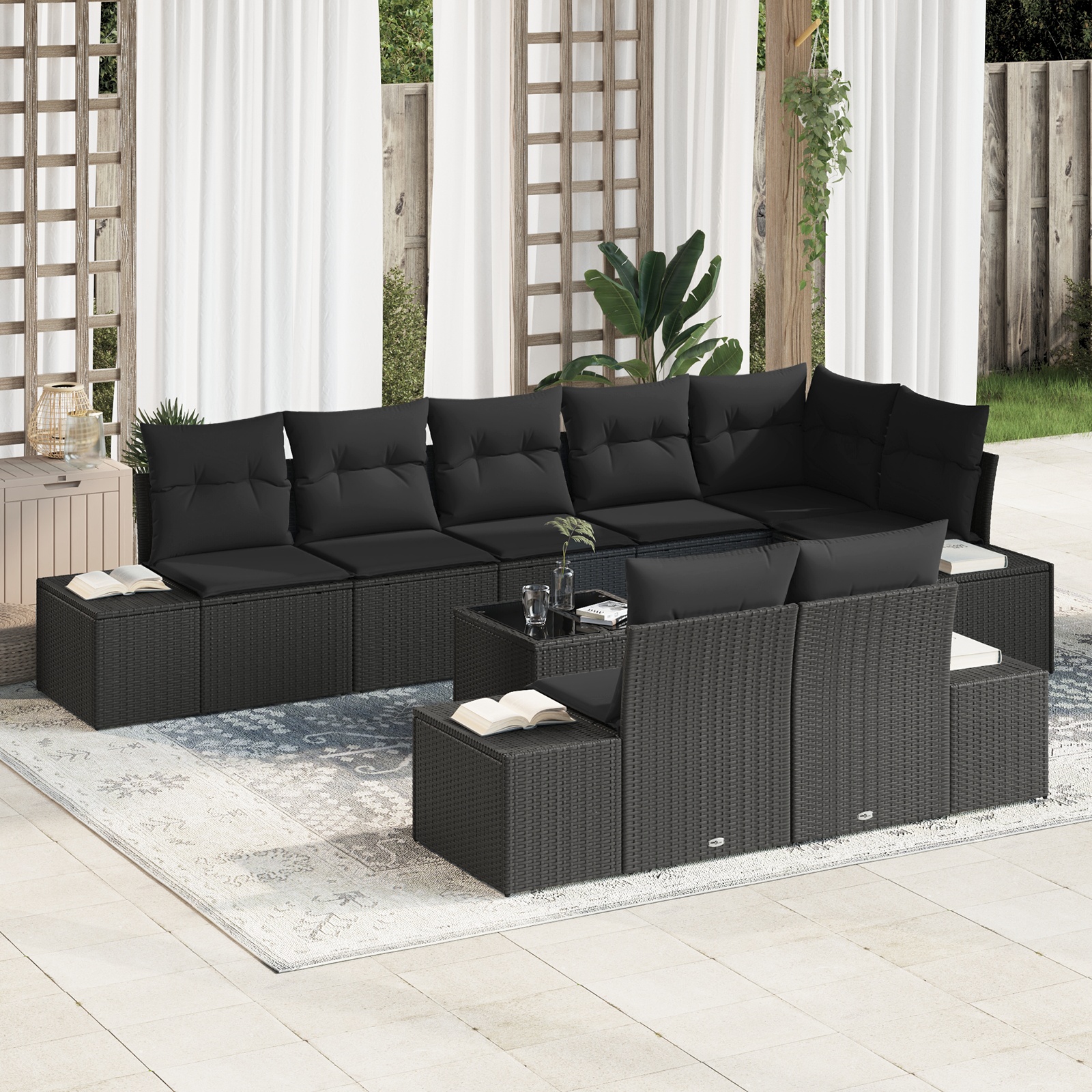 3355792 1 Set de canapele pentru grădină 9 pcs Negru 319 x 154 x 85 cm Set de canapele pentru grădină 9 pcs Negru 319 x 154 x 85 cm