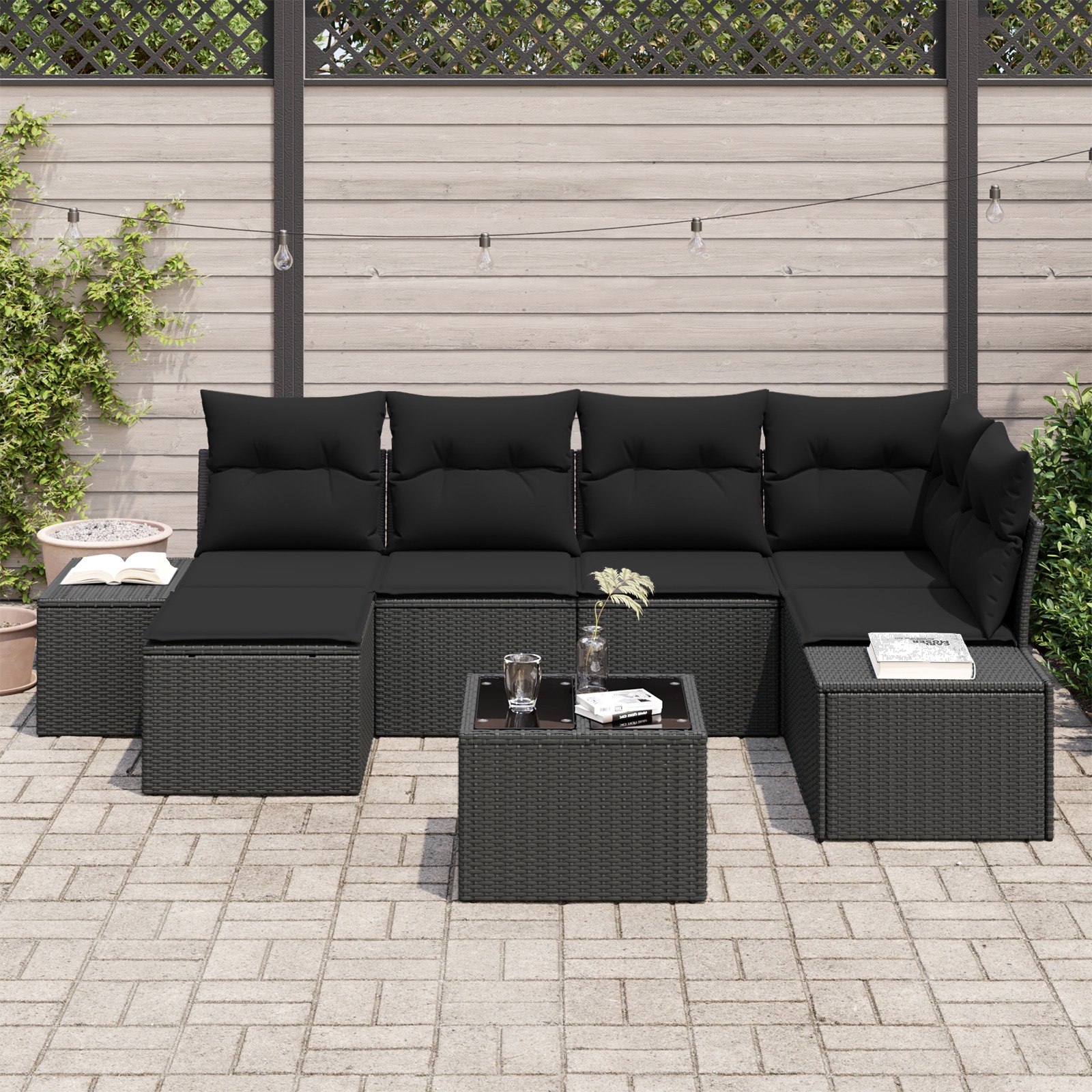 3355812 3 Set de canapele pentru grădină 7 pcs Negru 264 x 154 x 85 cm Set de canapele pentru grădină 7 pcs Negru 264 x 154 x 85 cm - imagine 3