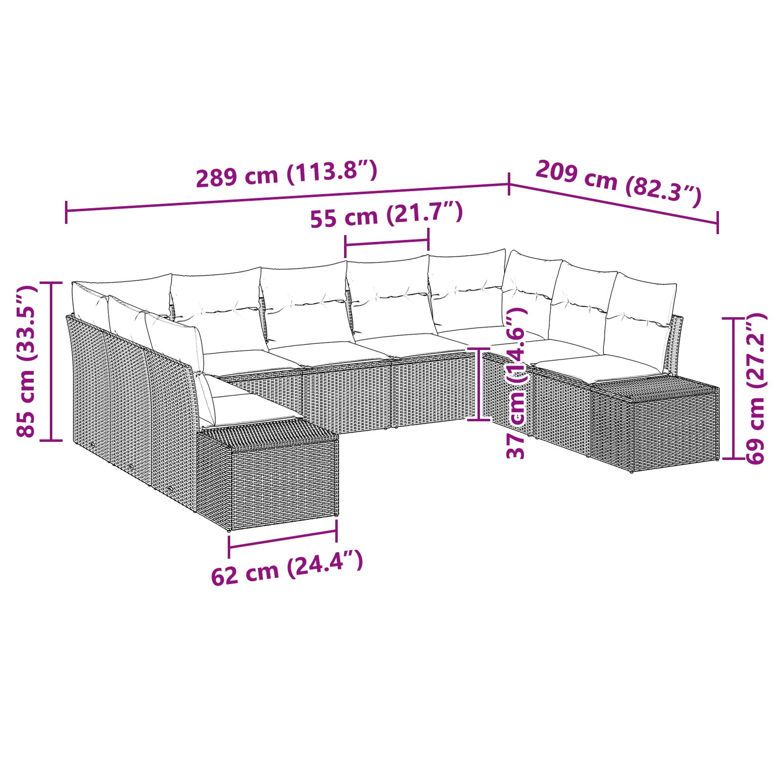 3355888 12 Set de canapele pentru grădină 9 pcs Gri 289 x 209 x 85 cm Set de canapele pentru grădină 9 pcs Gri 289 x 209 x 85 cm - imagine 12