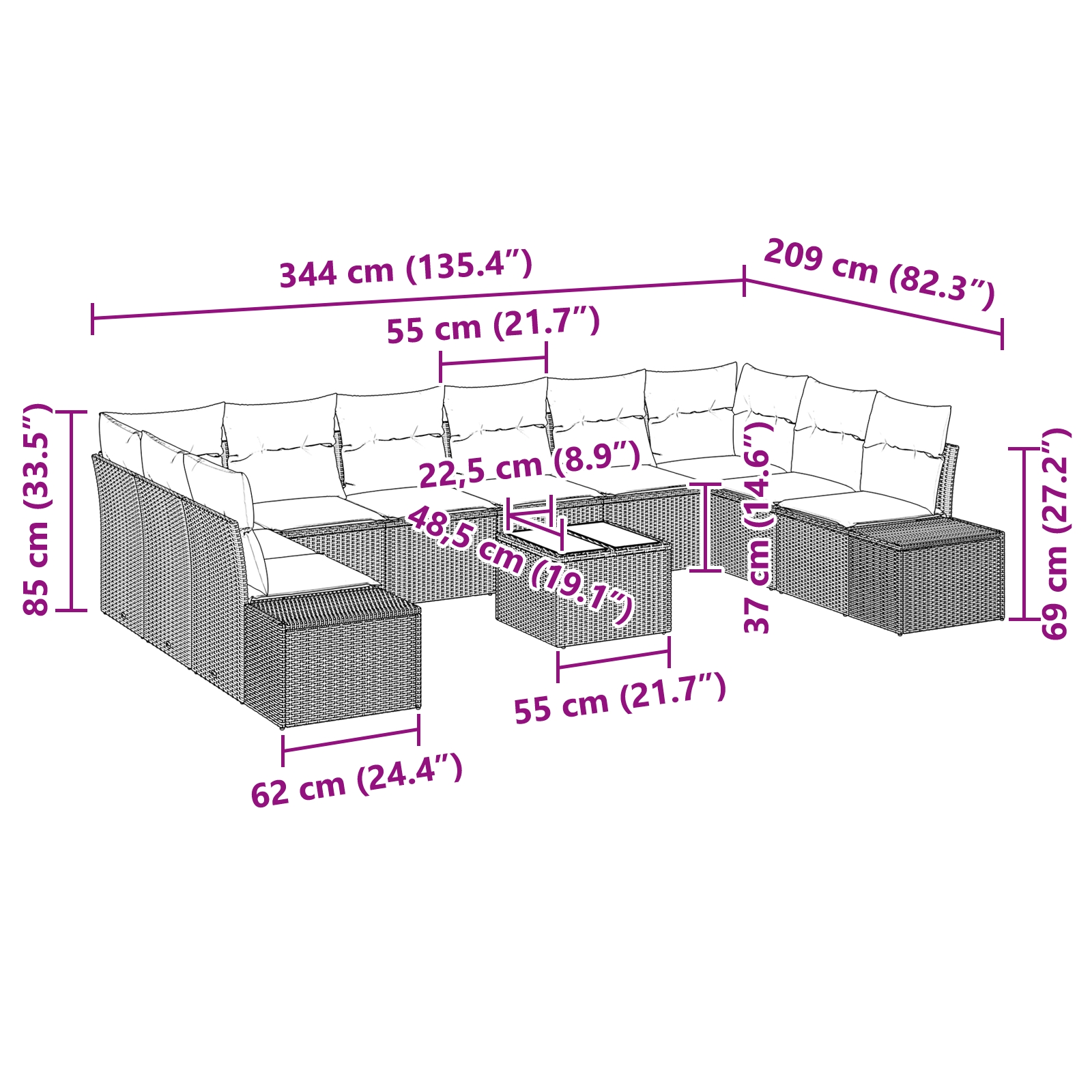 3355921 13 Set de canapele pentru grădină cu pernă 11 pcs Gri deschis Set de canapele pentru grădină cu pernă 11 pcs Gri deschis - imagine 13