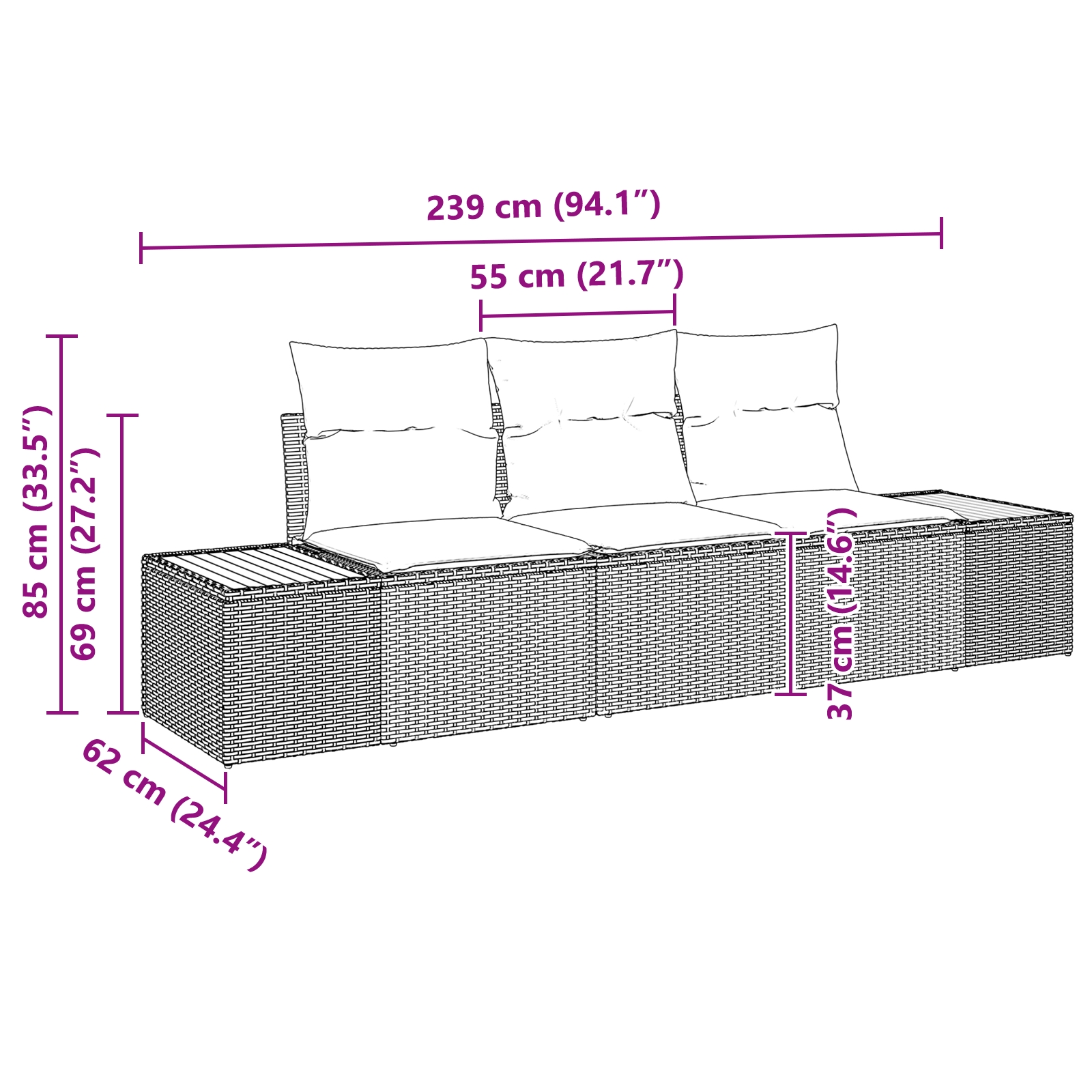 3356684 10 Set de canapele pentru grădină 3 pcs Gri 239 x 62 x 85 cm Set de canapele pentru grădină 3 pcs Gri 239 x 62 x 85 cm - imagine 10