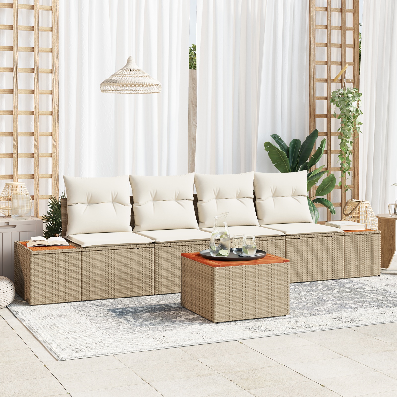 3356691 1 Set de canapele pentru grădină cu pernă 5 pcs Bej Rattan poli Set de canapele pentru grădină cu pernă 5 pcs Bej Rattan poli