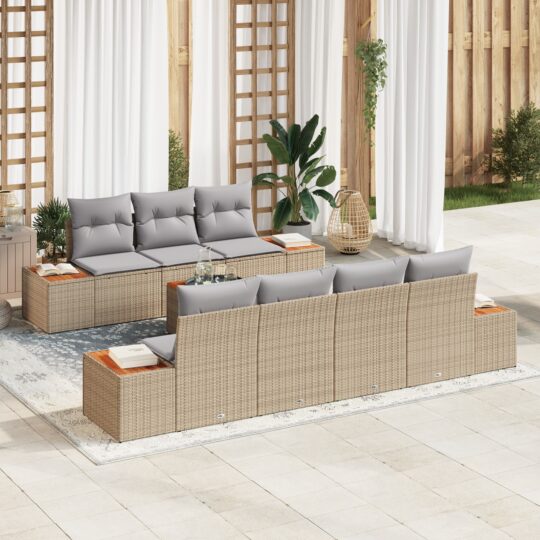 Set de canapele pentru grădină cu pernă 8 pcs Bej Rattan poli