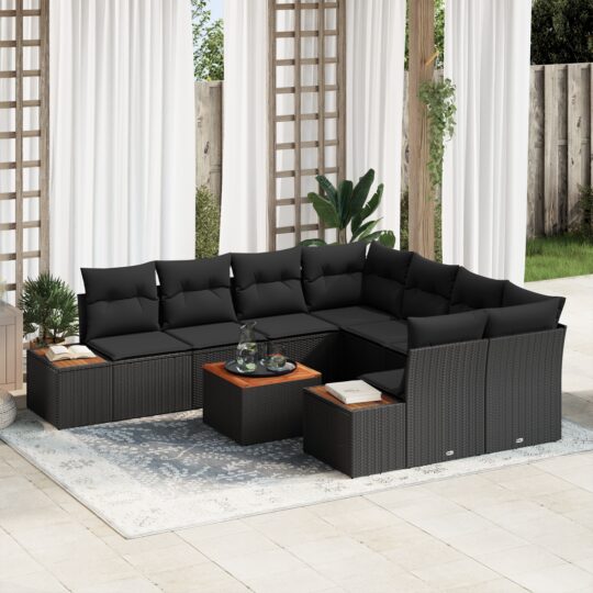 Set de canapele pentru grădină cu pernă 9 pcs Negru Rattan poli