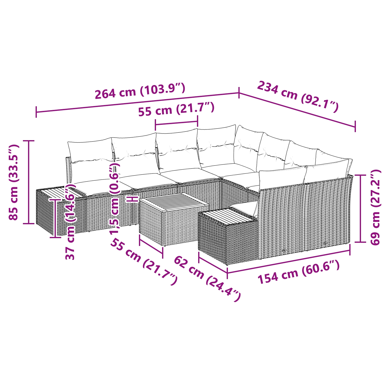 3356724 13 Set de canapele pentru grădină cu pernă 9 pcs Gri Rattan poli Set de canapele pentru grădină cu pernă 9 pcs Gri Rattan poli - imagine 13