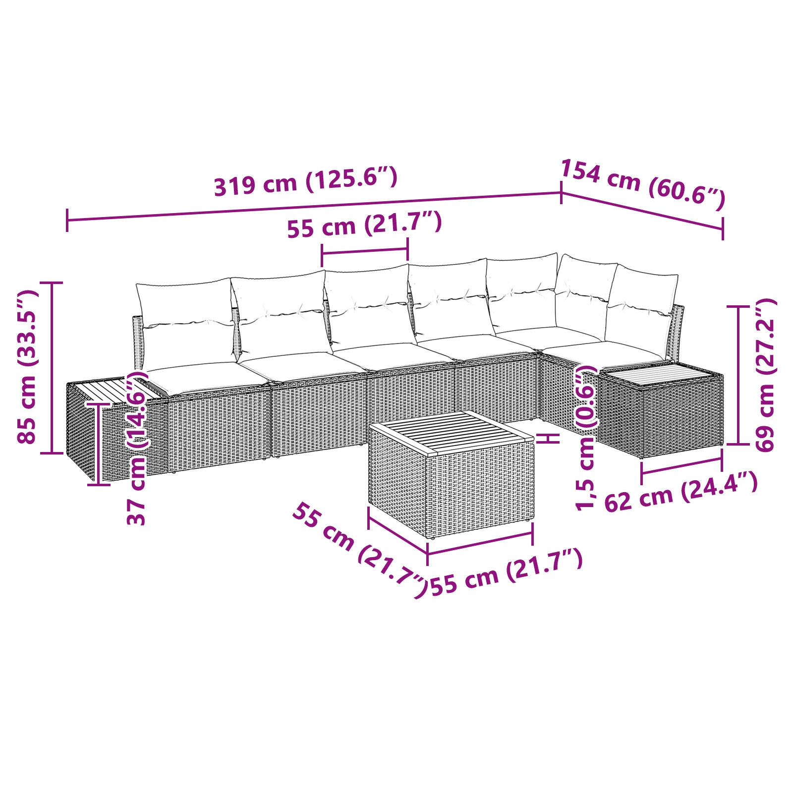 3356769 13 Set de canapele pentru grădină 7 pcs Gri 319 x 154 x 85 cm Set de canapele pentru grădină 7 pcs Gri 319 x 154 x 85 cm - imagine 13