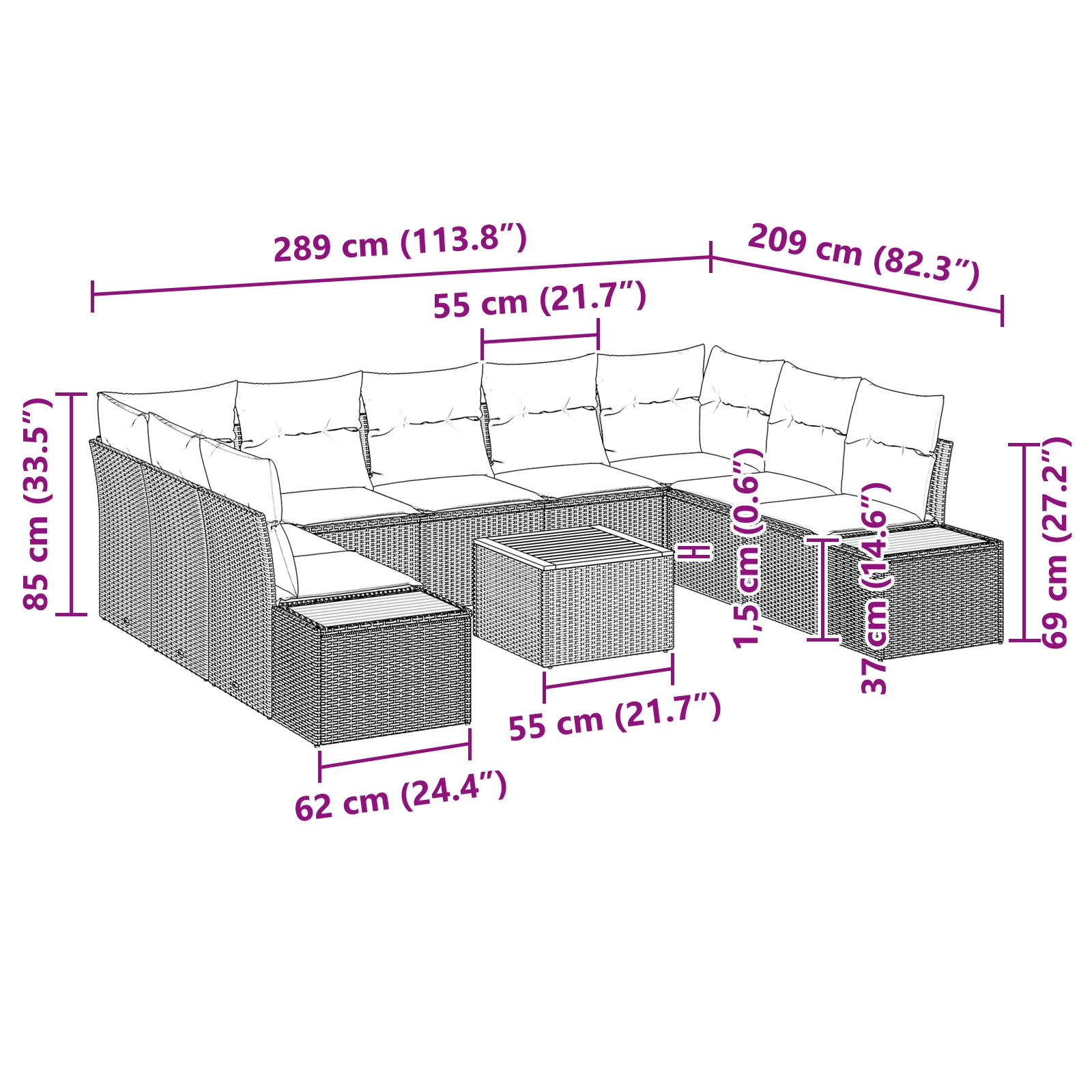 3356838 13 Set de canapele pentru grădină 6 pcs Negru 289 x 209 x 85 cm Set de canapele pentru grădină 6 pcs Negru 289 x 209 x 85 cm - imagine 13