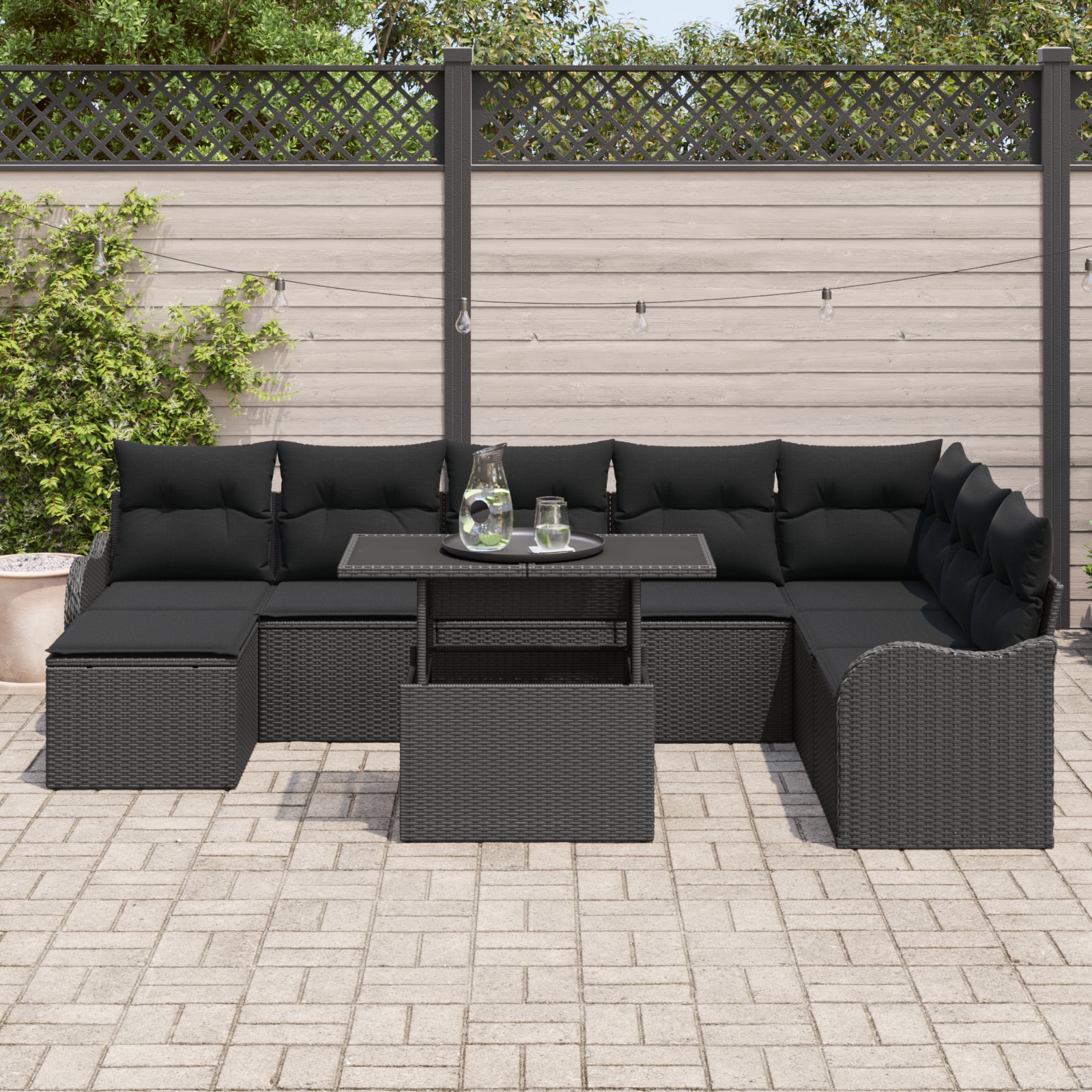 3357256 3 Set de canapele pentru grădină cu pernă 9 pcs Negru Rattan poli Set de canapele pentru grădină cu pernă 9 pcs Negru Rattan poli - imagine 3