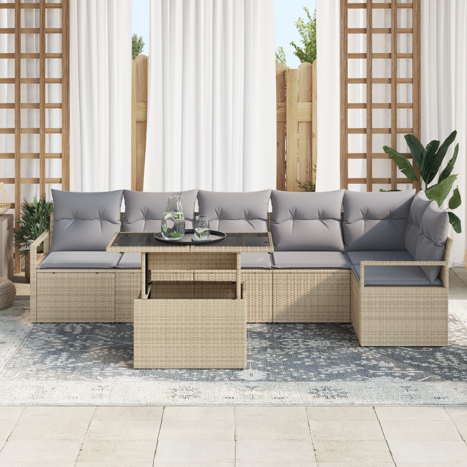 3357573 3 Set de canapele pentru grădină 7 pcs Bej Rattan poli Set de canapele pentru grădină 7 pcs Bej Rattan poli - imagine 3