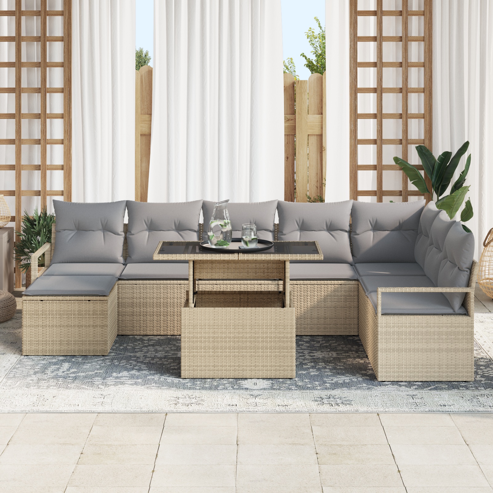 3357613 3 Set de canapele pentru grădină 9 pcs Bej Rattan poli Set de canapele pentru grădină 9 pcs Bej Rattan poli - imagine 3