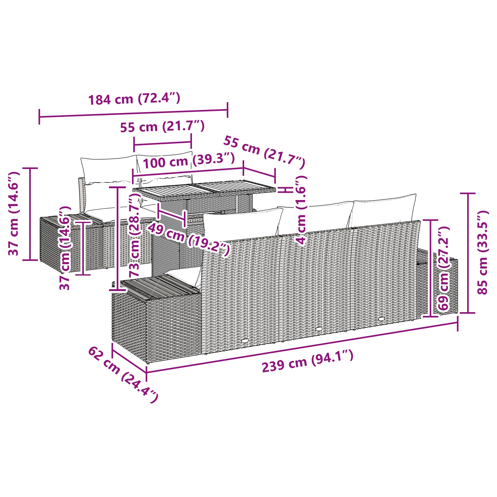 3358641 13 Set de canapele pentru grădină 6 pcs Negru Rattan poli Set de canapele pentru grădină 6 pcs Negru Rattan poli - imagine 13