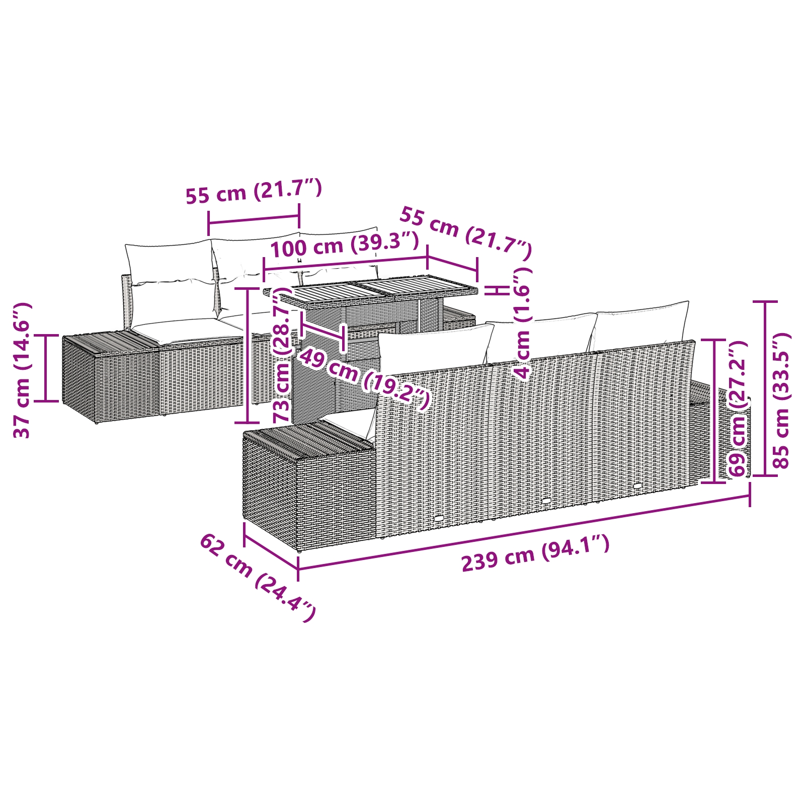 3358645 13 Set de canapele pentru grădină 7 pcs Gri Rattan poli Set de canapele pentru grădină 7 pcs Gri Rattan poli - imagine 13