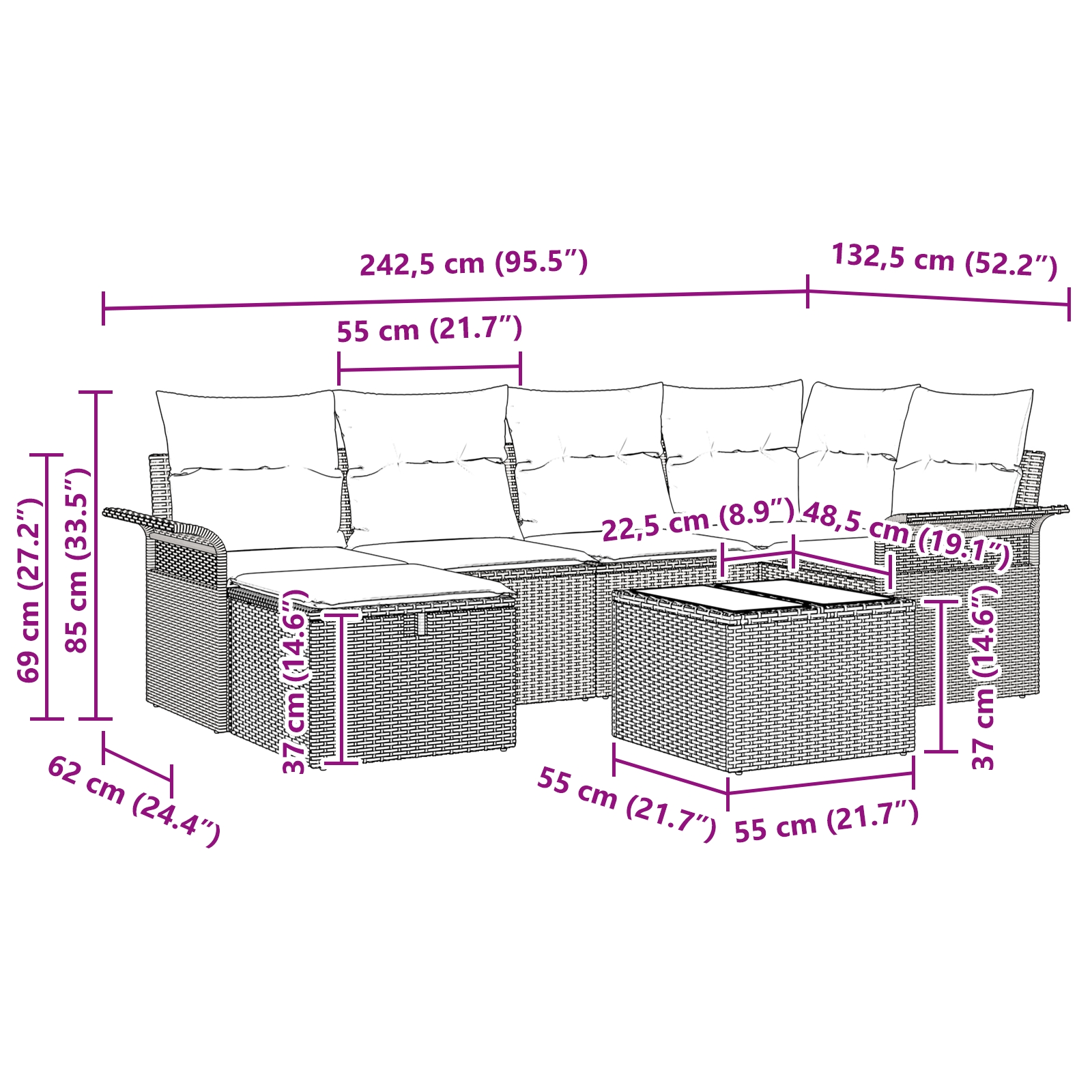 3358887 11 Set de canapele pentru grădină cu pernă 7 pcs maro și crem Set de canapele pentru grădină cu pernă 7 pcs maro și crem - imagine 11