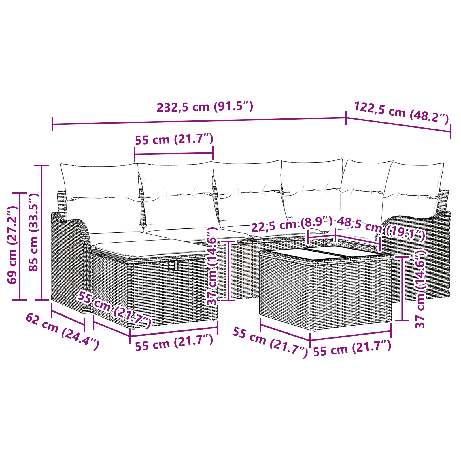 3358987 11 Set de canapele pentru grădină cu pernă 7 pcs maro și crem Set de canapele pentru grădină cu pernă 7 pcs maro și crem - imagine 11