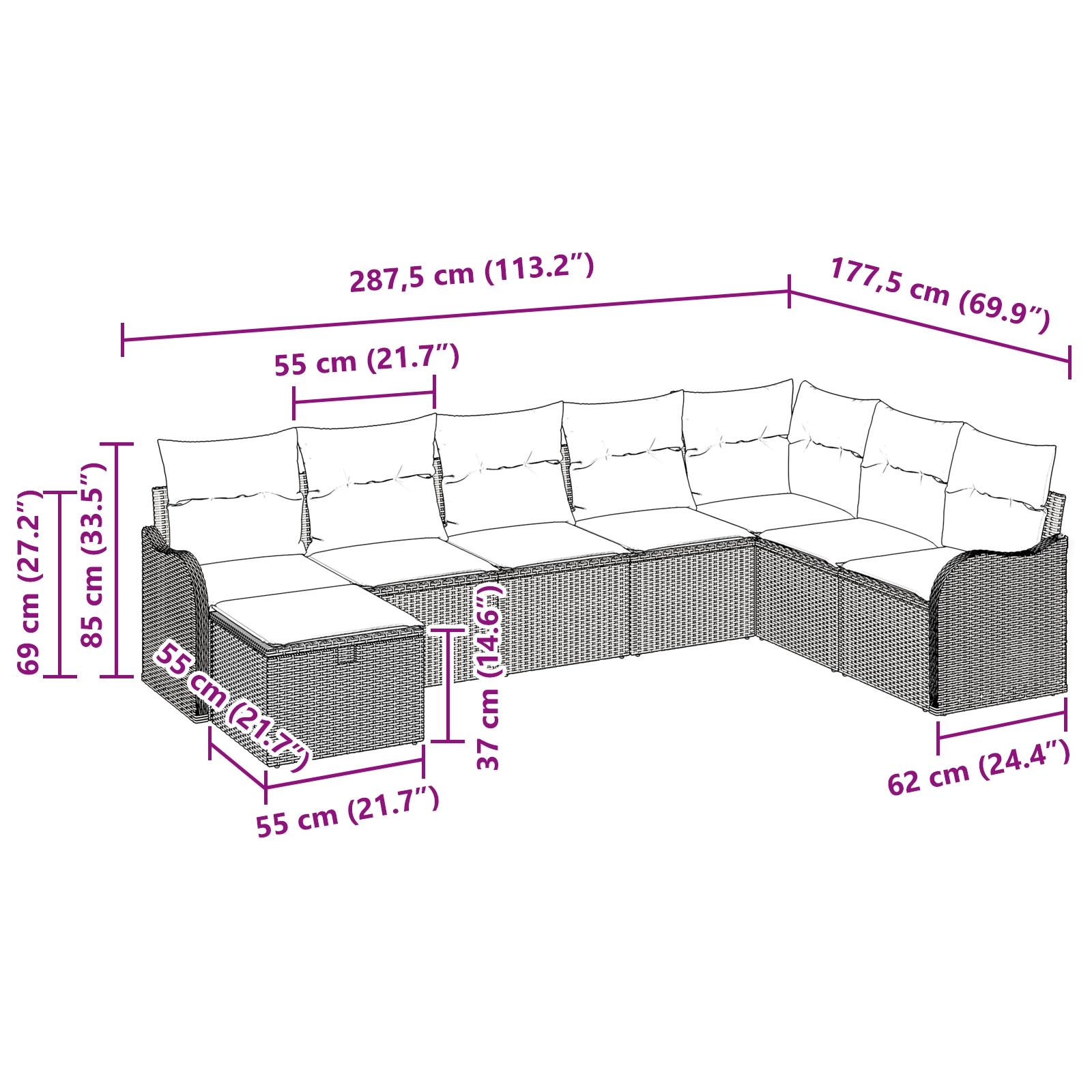 3359026 10 Set de canapele pentru grădină cu pernă 8 pcs negru și crem Set de canapele pentru grădină cu pernă 8 pcs negru și crem - imagine 10