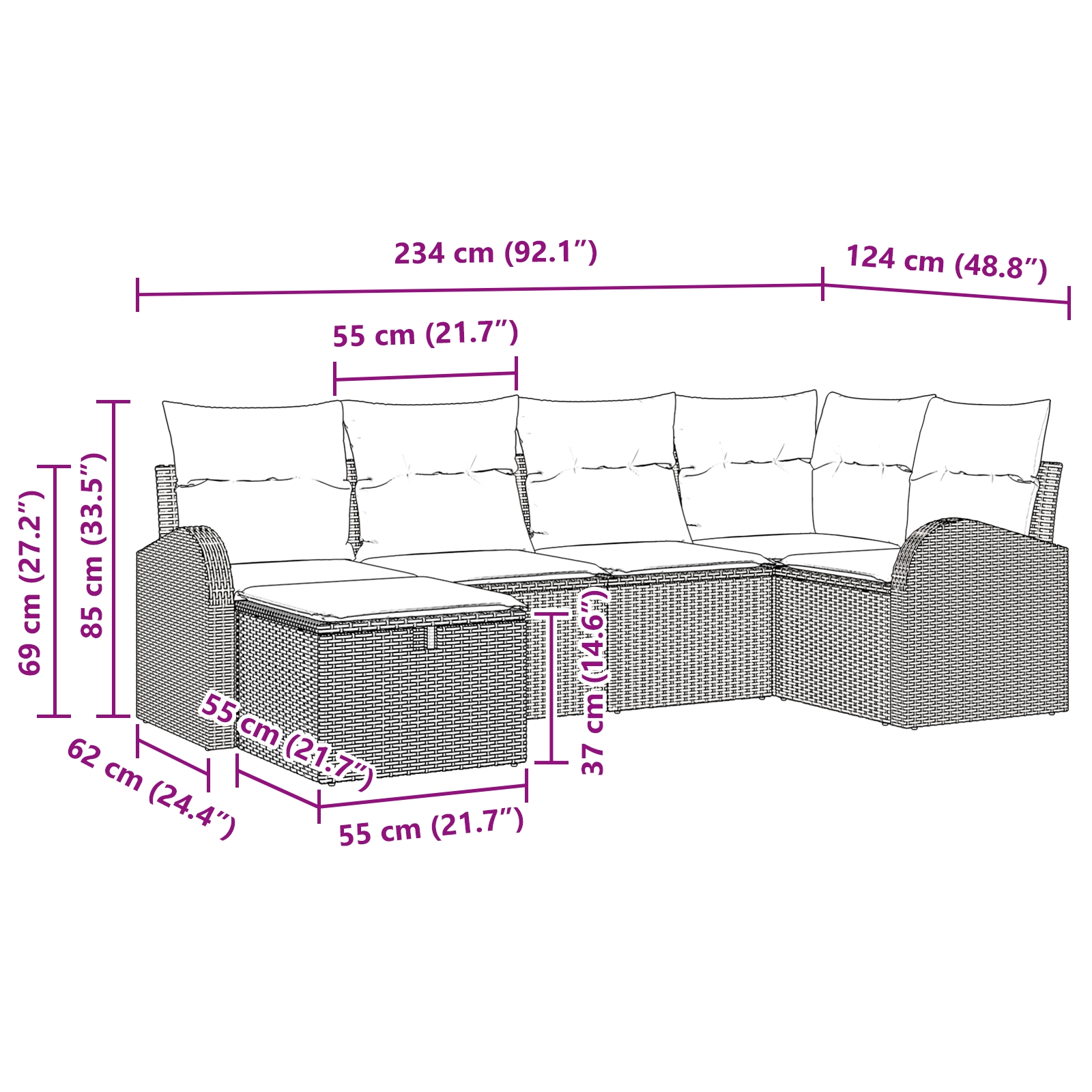 3359082 10 Set de canapele pentru grădină 6 pcs Negru 234 x 124 x 85 cm Set de canapele pentru grădină 6 pcs Negru 234 x 124 x 85 cm - imagine 10