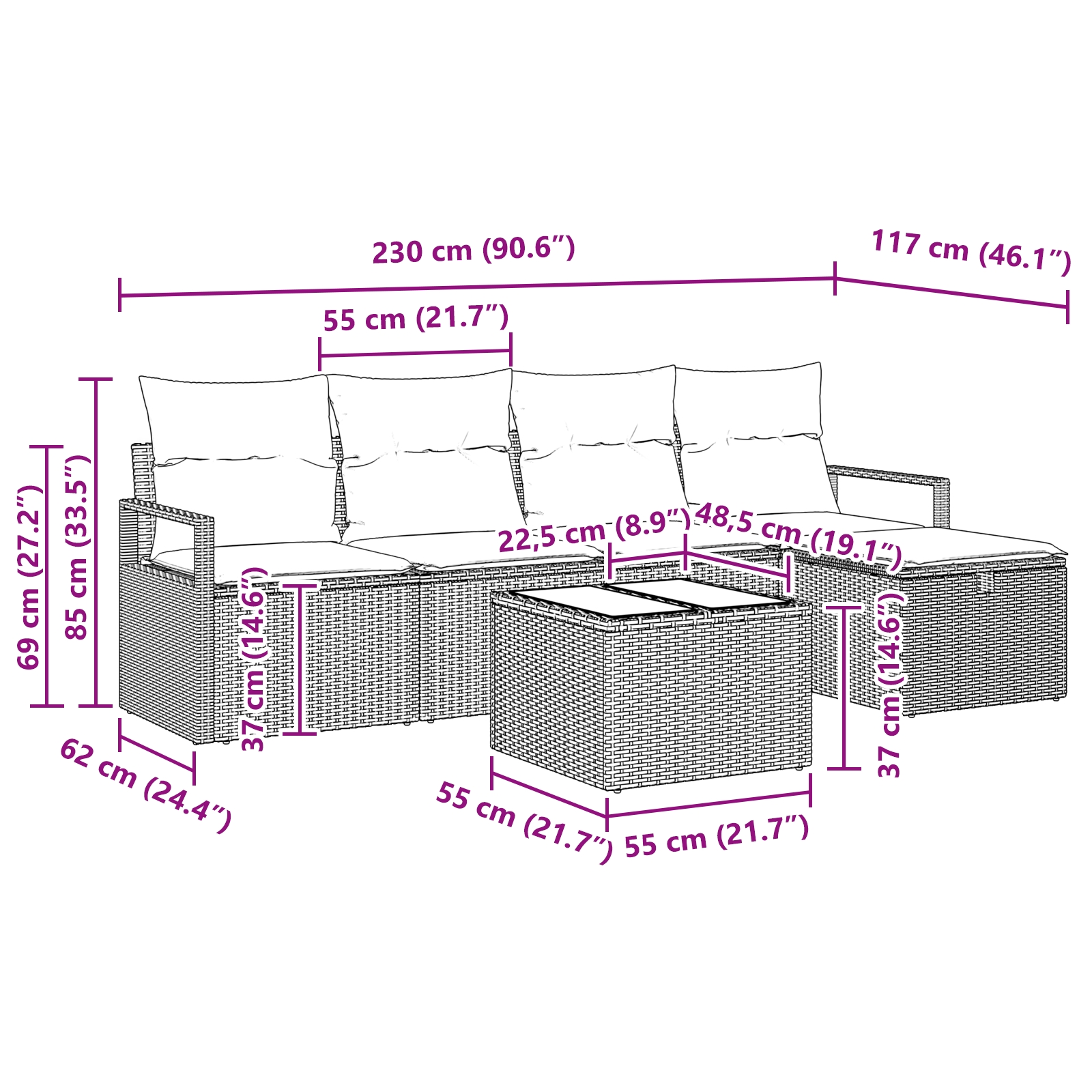3359168 10 Set de canapele pentru grădină 6 pcs Gri 230 x 117 x 85 cm Set de canapele pentru grădină 6 pcs Gri 230 x 117 x 85 cm - imagine 10