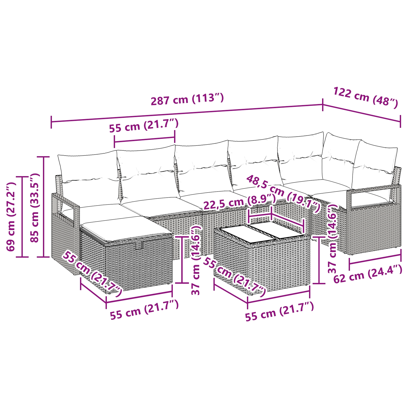 3359206 11 Set de canapele pentru grădină cu pernă 8 pcs negru și crem Set de canapele pentru grădină cu pernă 8 pcs negru și crem - imagine 11