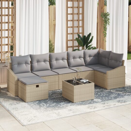 Set de canapele pentru grădină cu pernă 8 pcs Bej Rattan poli