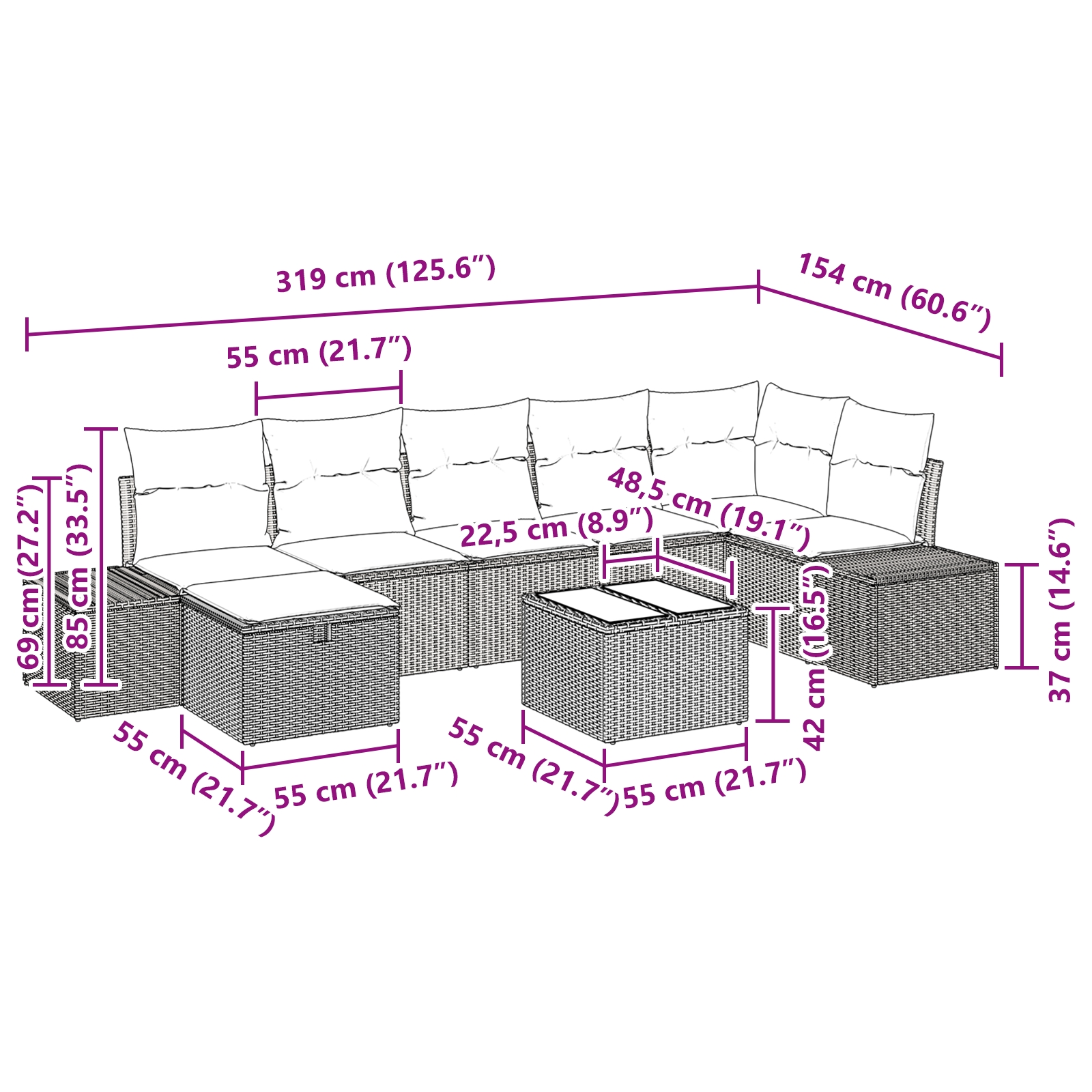 3359412 11 Set de canapele pentru grădină cu pernă 8 pcs Negru Rattan poli Set de canapele pentru grădină cu pernă 8 pcs Negru Rattan poli - imagine 11