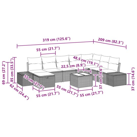 3359438 11 Set de canapele pentru grădină cu pernă 9 pcs Gri Rattan poli 3359438 11