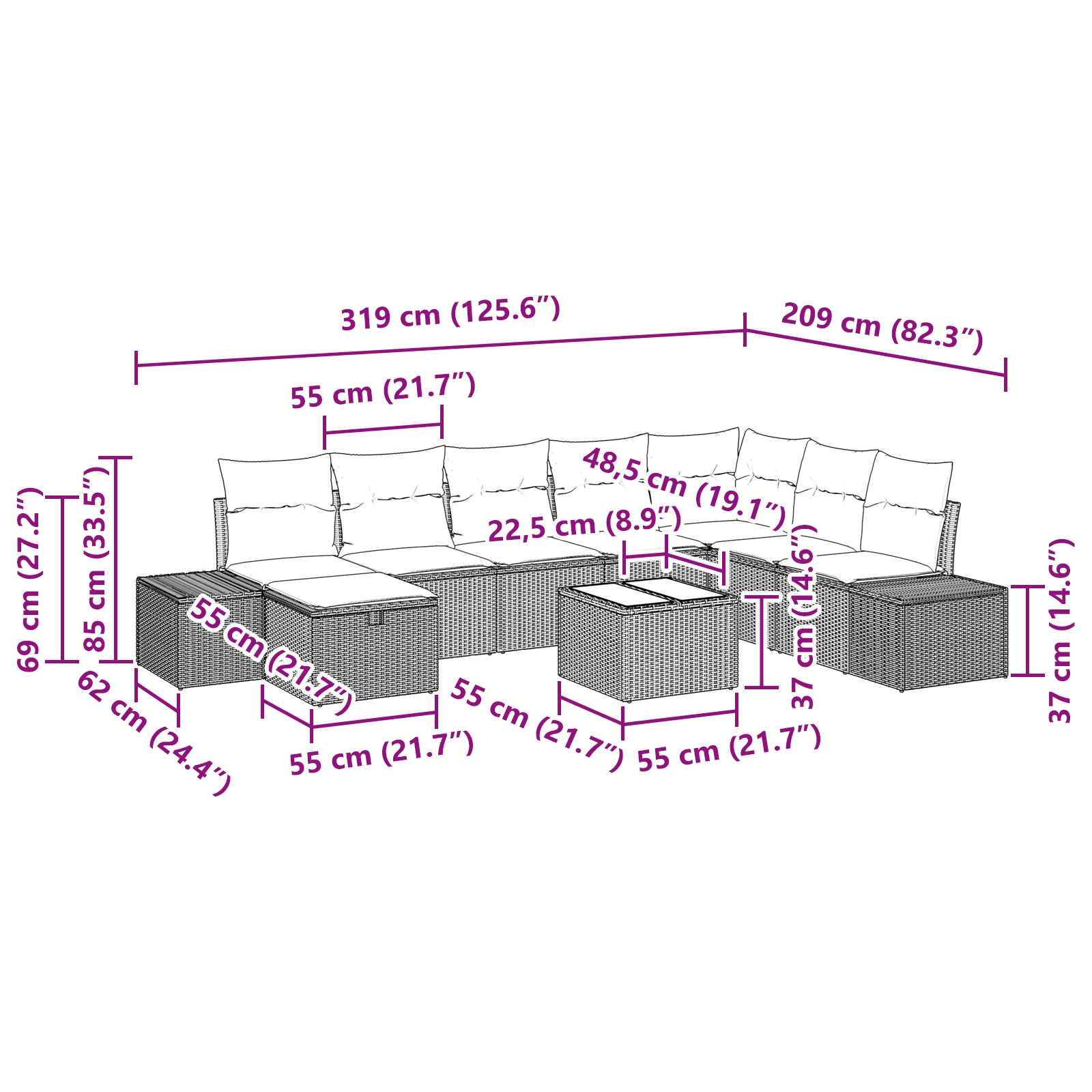 3359438 11 Set de canapele pentru grădină cu pernă 9 pcs Gri Rattan poli Set de canapele pentru grădină cu pernă 9 pcs Gri Rattan poli - imagine 11