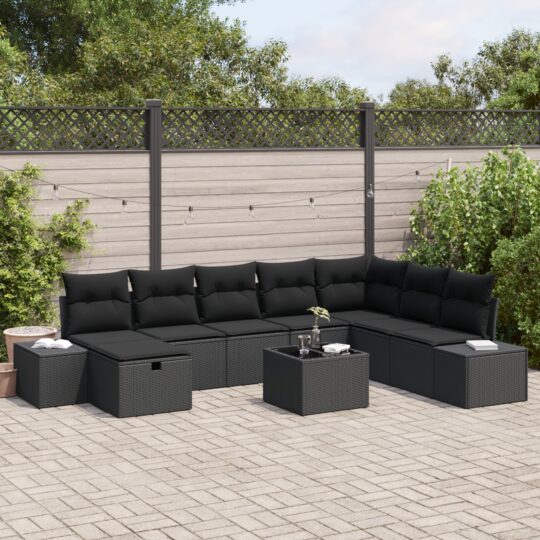 Set de canapele pentru grădină cu pernă 9 pcs Negru Rattan poli