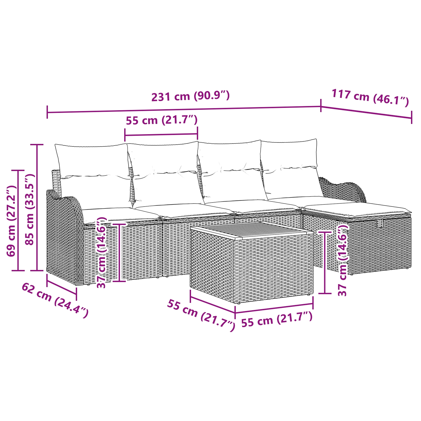 3359474 10 Set de canapele pentru grădină cu pernă 6 pcs Negru Rattan poli Set de canapele pentru grădină cu pernă 6 pcs Negru Rattan poli - imagine 10