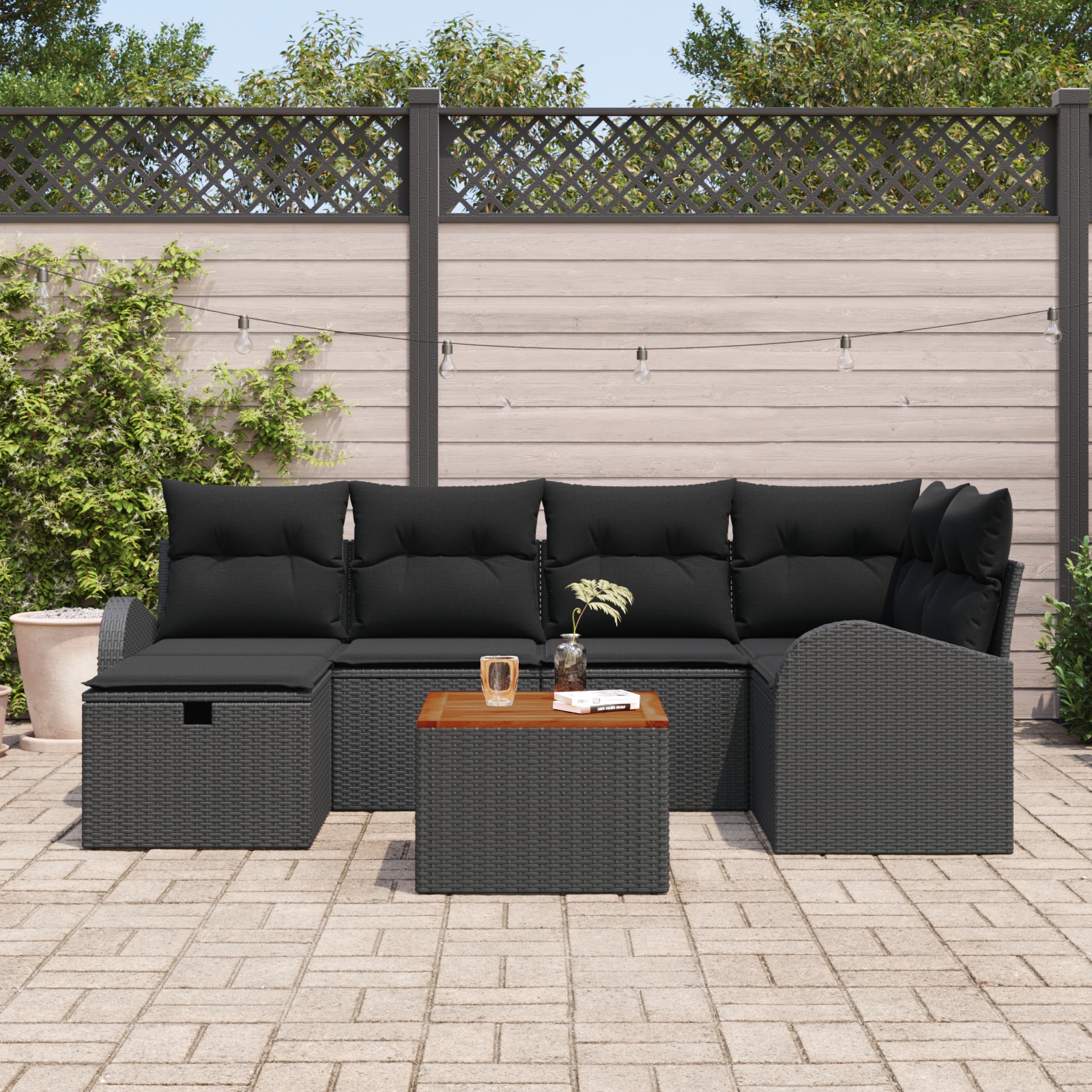 3359513 3 Set de canapele pentru grădină cu pernă 7 pcs Negru Rattan poli Set de canapele pentru grădină cu pernă 7 pcs Negru Rattan poli - imagine 3
