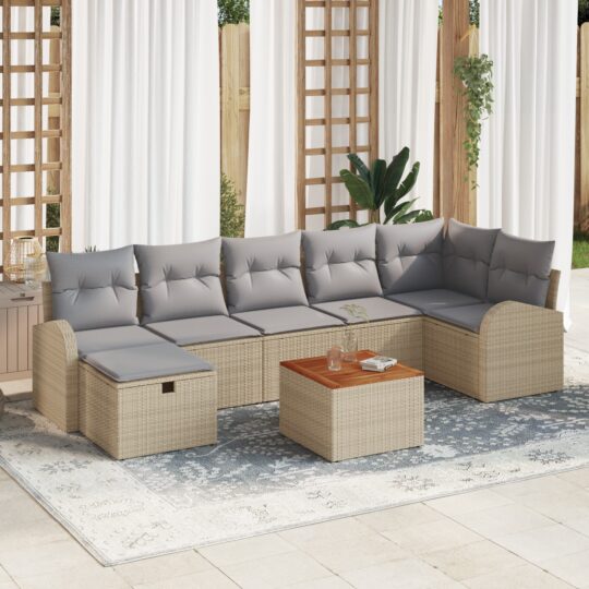 Set de canapele pentru grădină cu pernă 8 pcs Bej Rattan poli