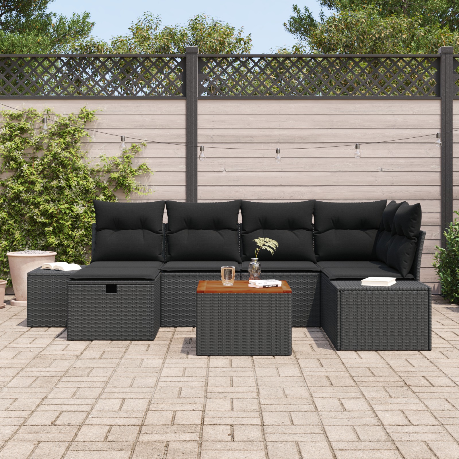3359597 3 Set de canapele pentru grădină cu pernă 7 pcs Negru Rattan poli Set de canapele pentru grădină cu pernă 7 pcs Negru Rattan poli - imagine 3