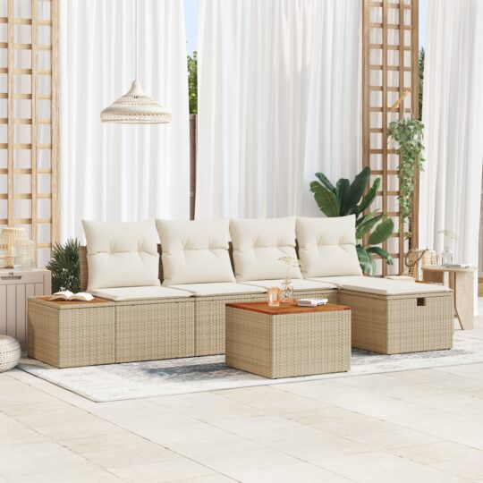 Set de canapele pentru grădină cu pernă 6 pcs Bej Rattan poli
