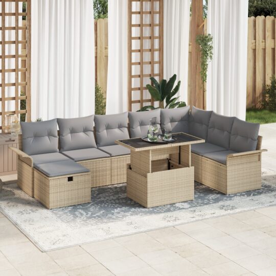Set de canapele pentru grădină cu pernă 9 pcs Bej Rattan poli