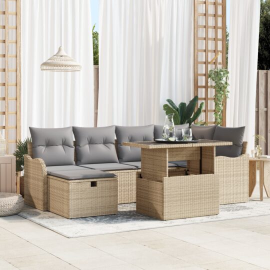 Set de canapele pentru grădină cu pernă 7 pcs Bej Rattan poli