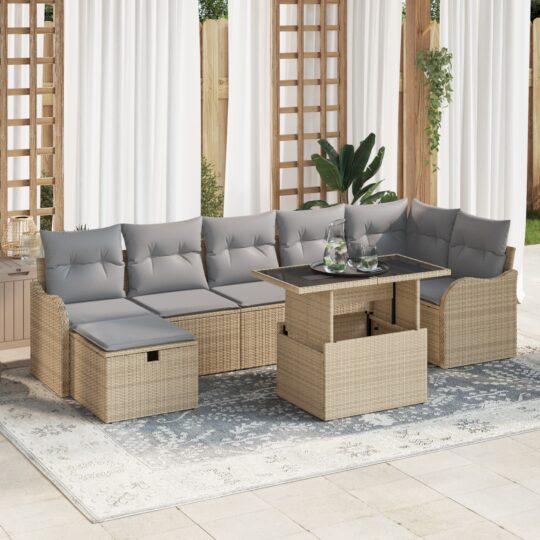 Set de canapele pentru grădină cu pernă 8 pcs Bej Rattan poli