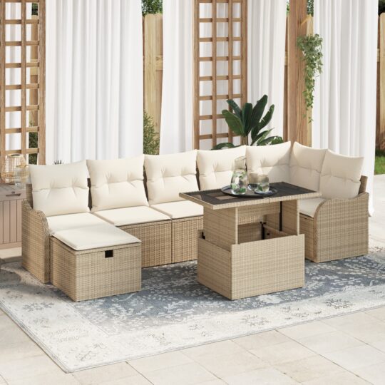 Set de canapele pentru grădină cu pernă 8 pcs Bej Rattan poli
