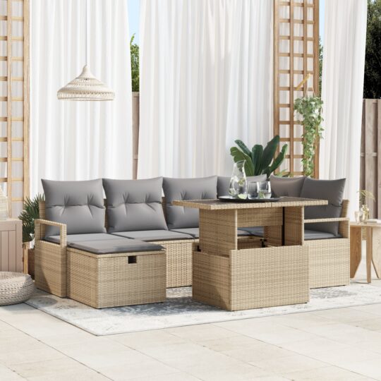 Set de canapele pentru grădină cu pernă 7 pcs Bej Rattan poli