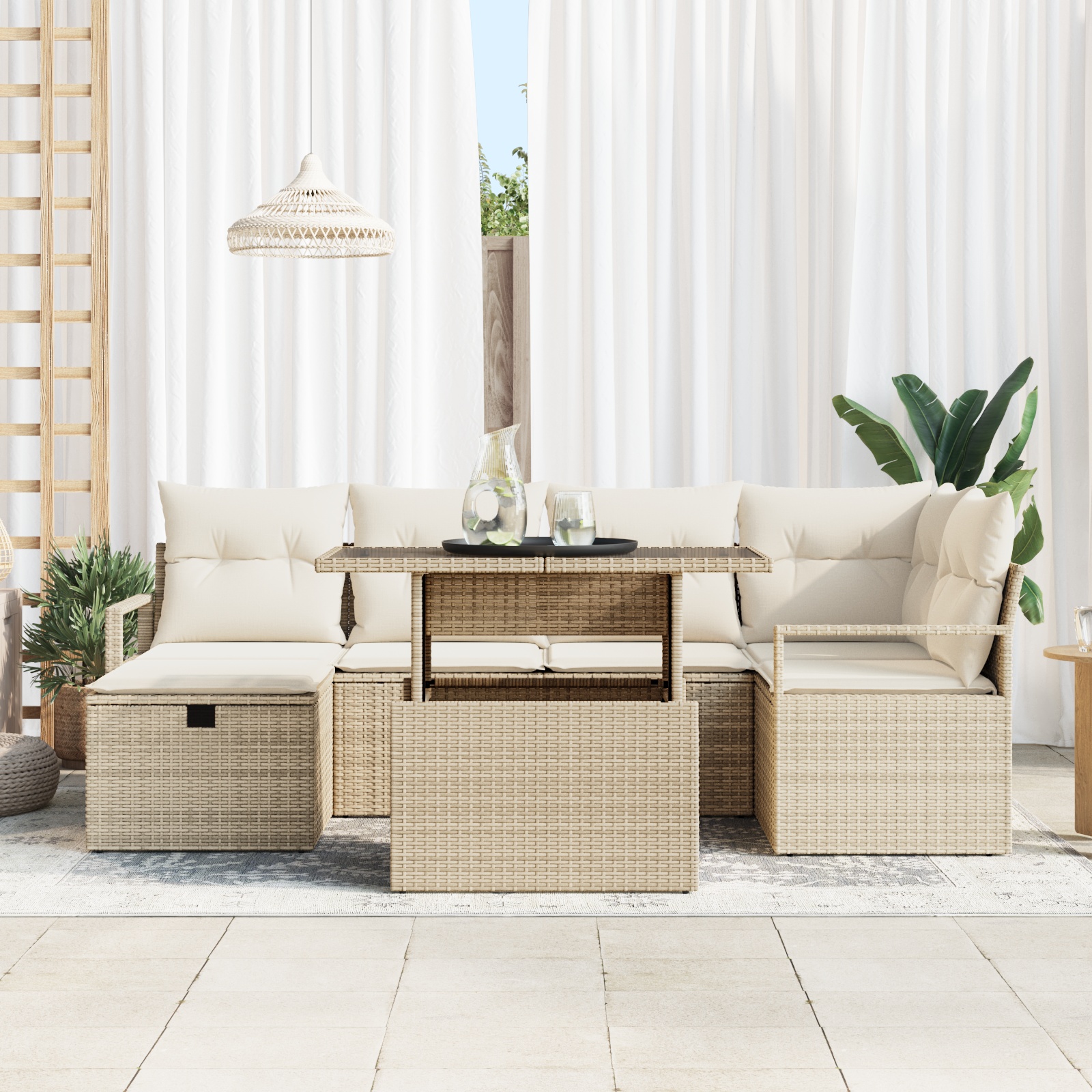 3359798 3 Set de canapele pentru grădină cu pernă 7 pcs Bej Rattan poli Set de canapele pentru grădină cu pernă 7 pcs Bej Rattan poli - imagine 3