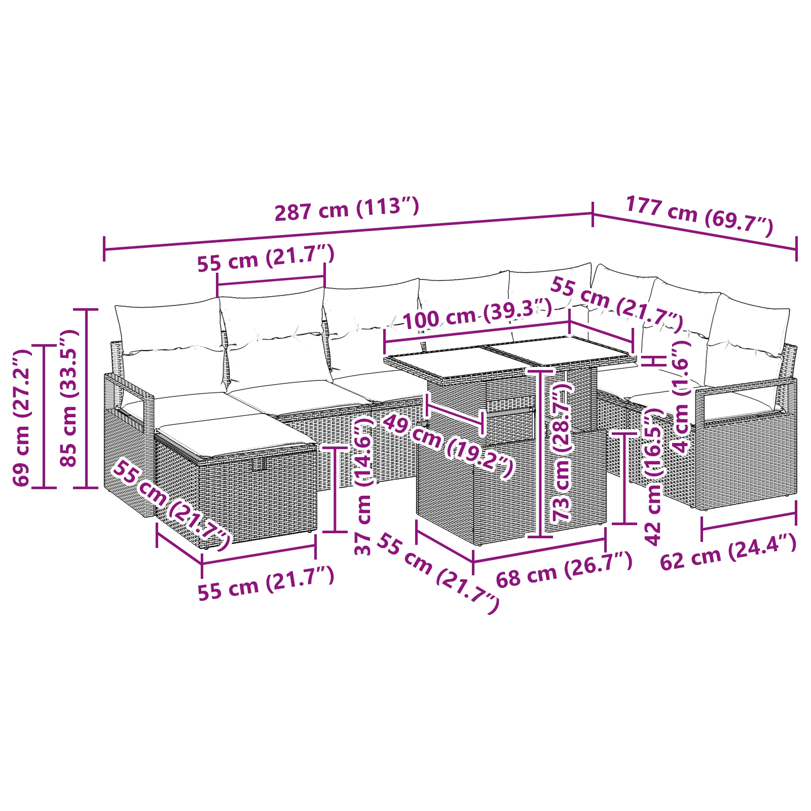 3359814 13 Set de canapele pentru grădină cu pernă 9 pcs Negru Rattan poli Set de canapele pentru grădină cu pernă 9 pcs Negru Rattan poli - imagine 13