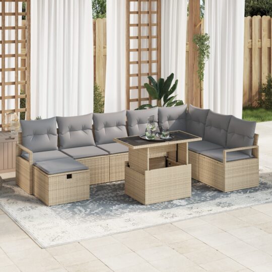 Set de canapele pentru grădină cu pernă 9 pcs Bej Rattan poli
