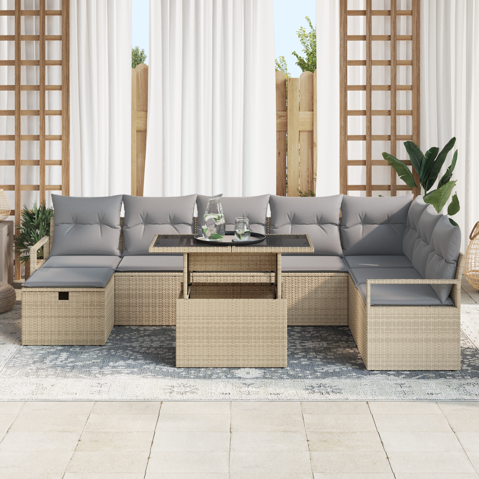 3359817 3 Set de canapele pentru grădină cu pernă 9 pcs Bej Rattan poli Set de canapele pentru grădină cu pernă 9 pcs Bej Rattan poli - imagine 3