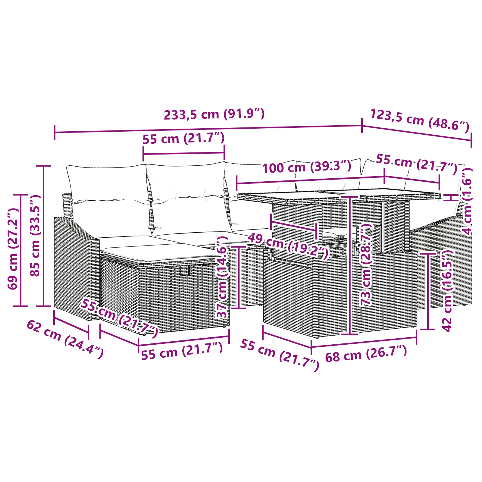 3359834 13 Set de canapele pentru grădină cu pernă 7 pcs Negru Rattan poli Set de canapele pentru grădină cu pernă 7 pcs Negru Rattan poli - imagine 13