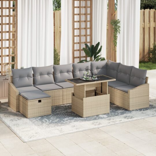 Set de canapele pentru grădină cu pernă 9 pcs Bej Rattan poli
