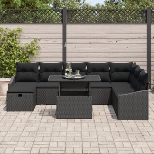 3359860 3 Set de canapele pentru grădină cu pernă 9 pcs Negru Rattan poli 3359860 3