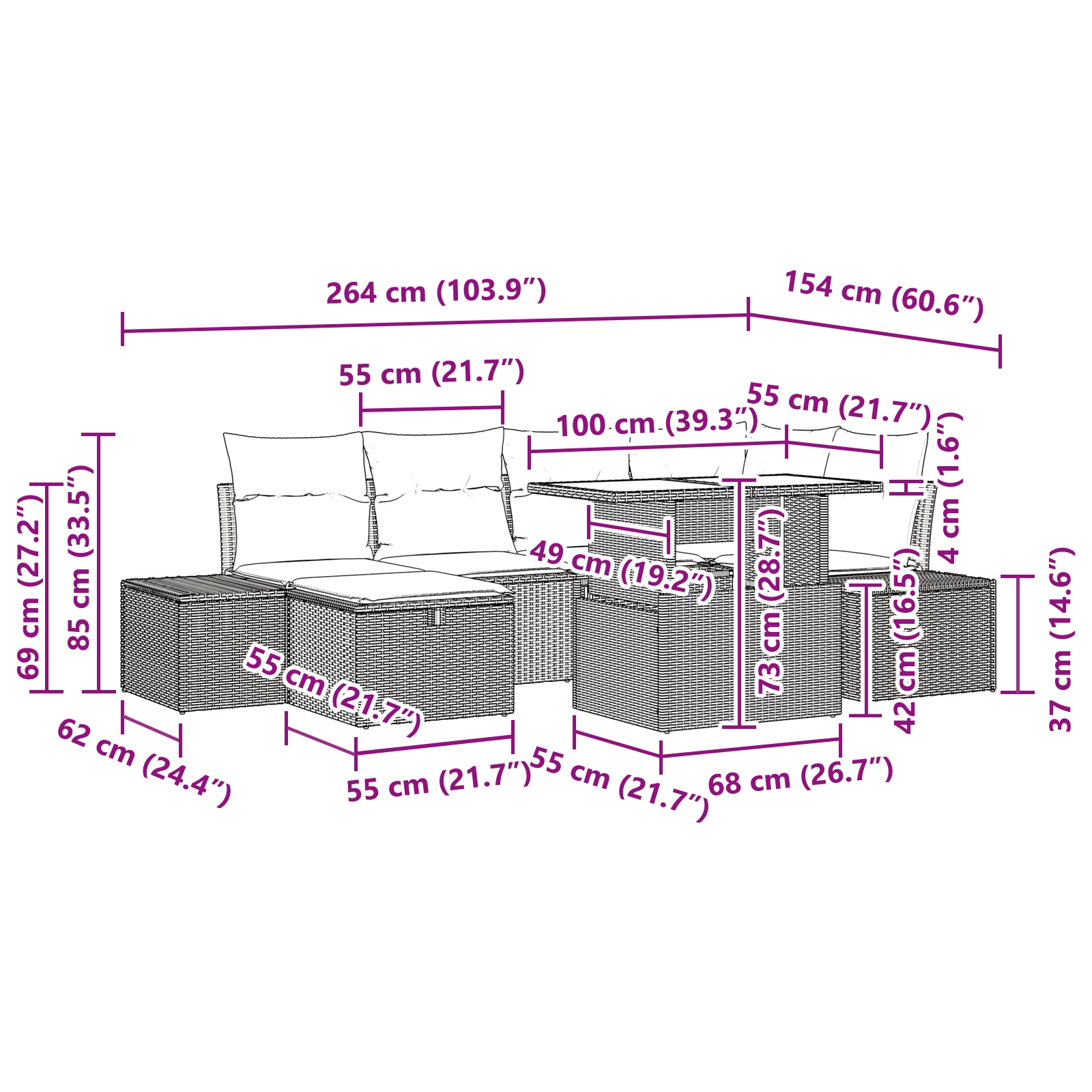 3359874 13 Set de canapele pentru grădină cu pernă 7 pcs Negru Rattan poli Set de canapele pentru grădină cu pernă 7 pcs Negru Rattan poli - imagine 13